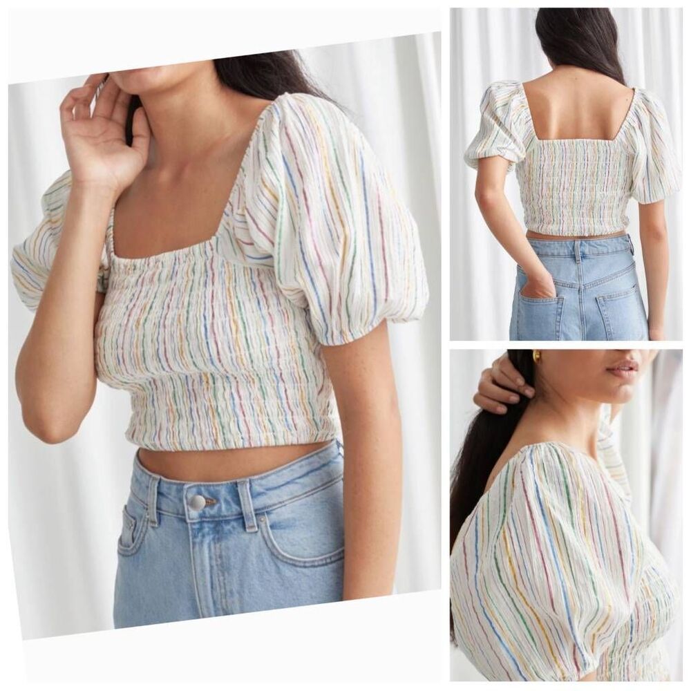 & OTHER STORIES Smocked Puff Sleeves Metallic Striped Crop Top